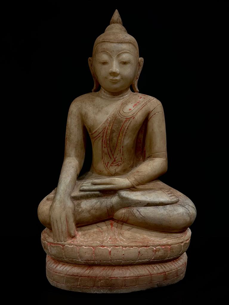 Marble seated Buddha in Bhumisparsha mudra- Calling the earth to witness-7339